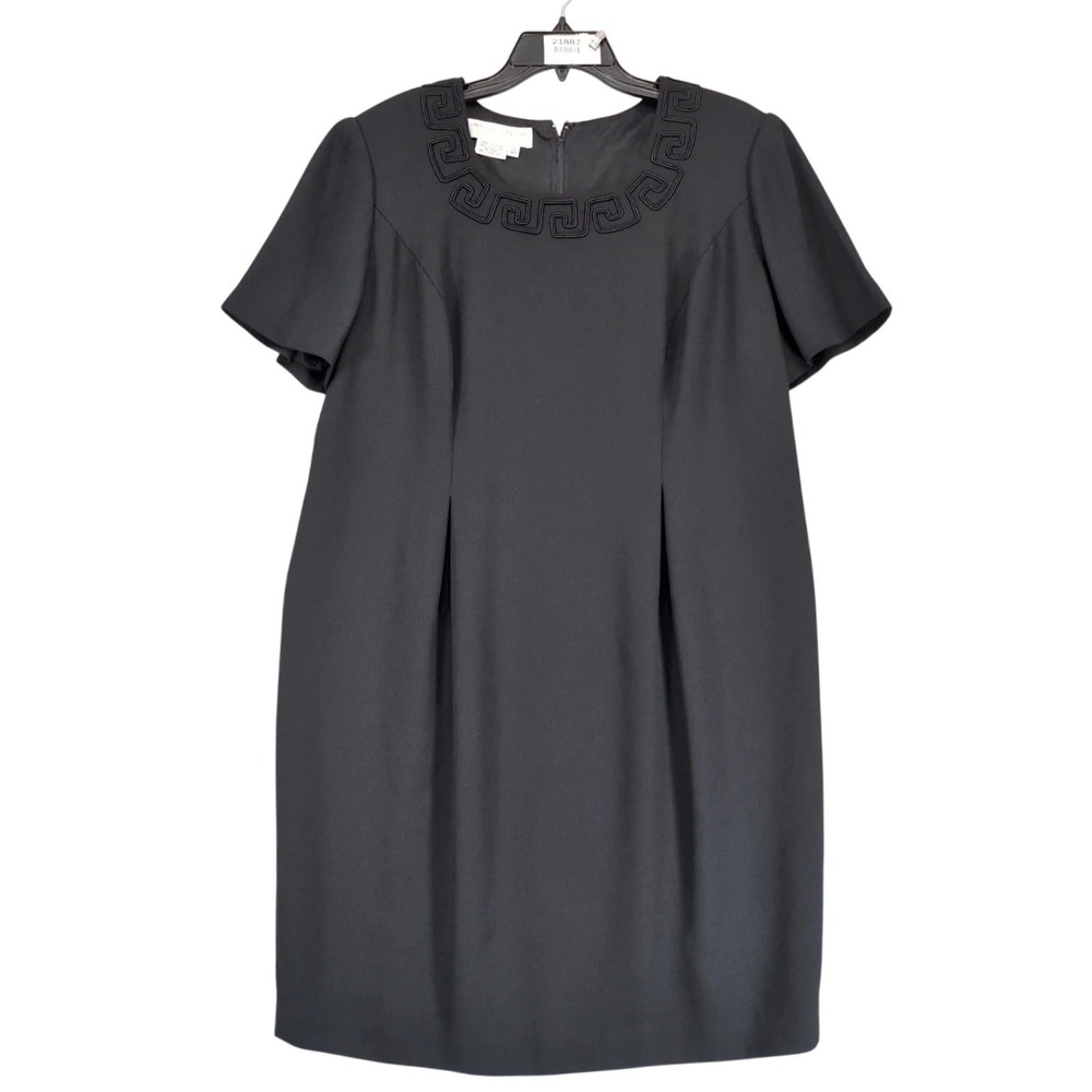 Maggie London Black Sheath Knee-Length Dress Plus Size 16P Greek Key Trim Career